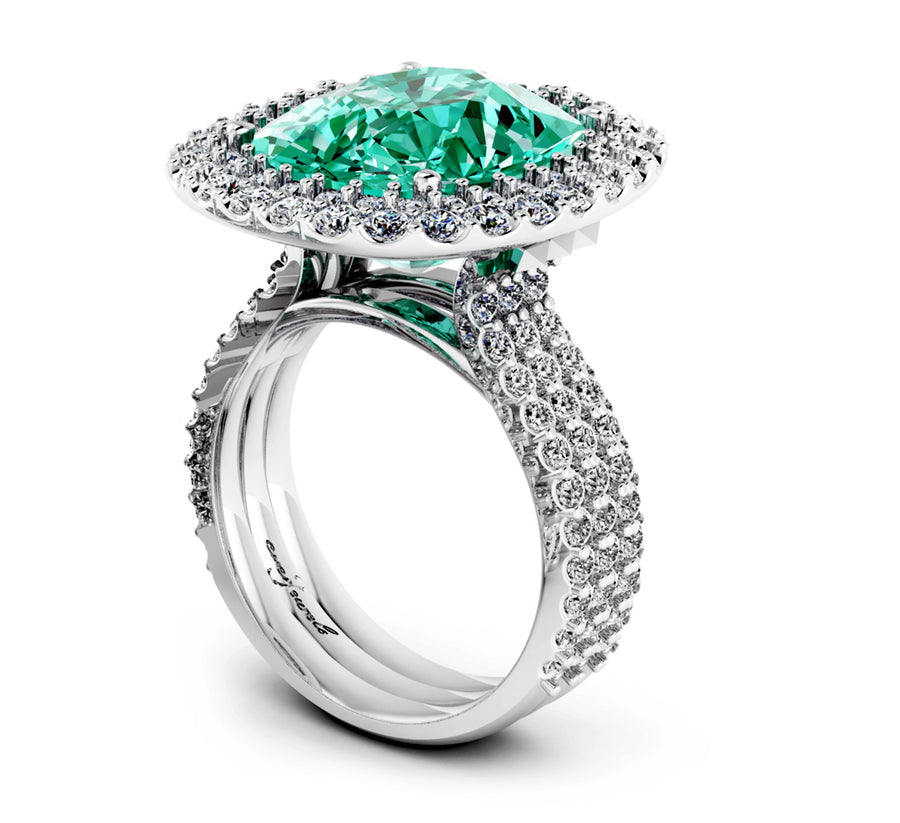 Cushion Cut Green Tourmaline Dress Ring with a Double Halo of Diamonds