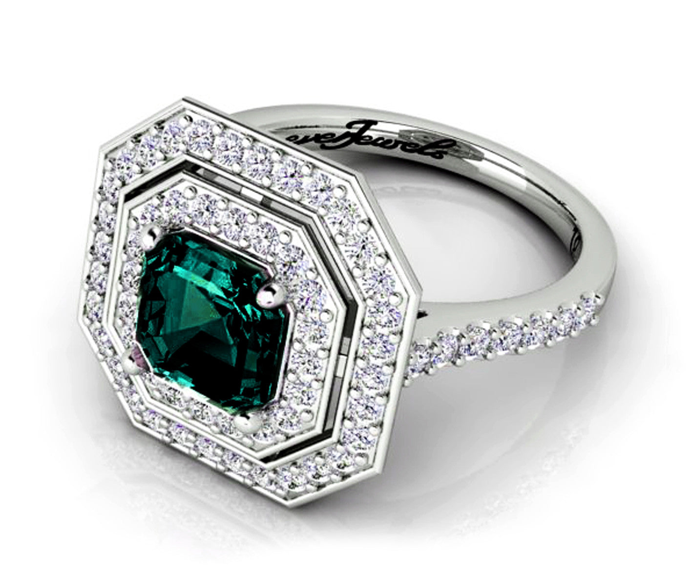 18ct White gold octagon teal sapphire with a double halo of diamonds dress ring
