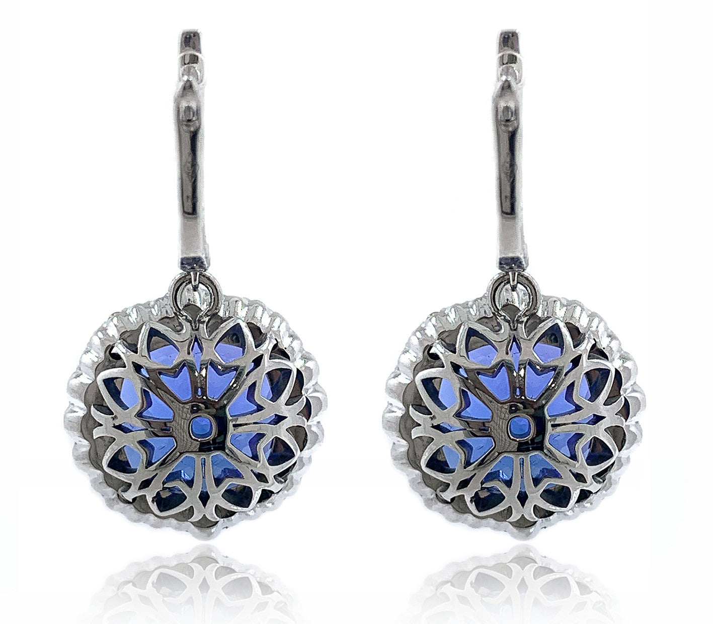 Cushion Tanzanite Drop Earrings with Diamonds in White Gold