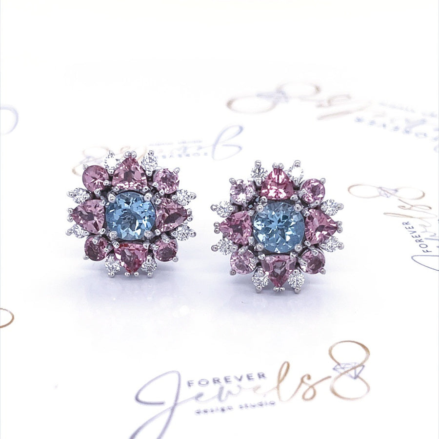 Summer Aquamarine , Pink Tourmaline and Diamond Earrings