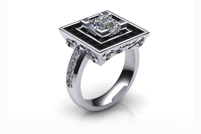 18ct White gold antique design ring with black enamel and white diamonds