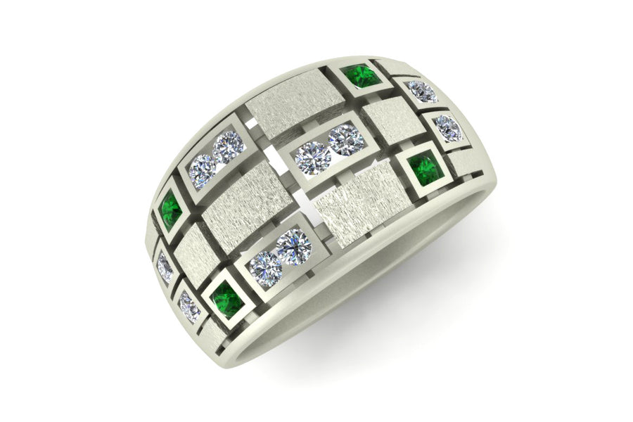 18ct white gold princess cut diamonds and emeralds flush set ring