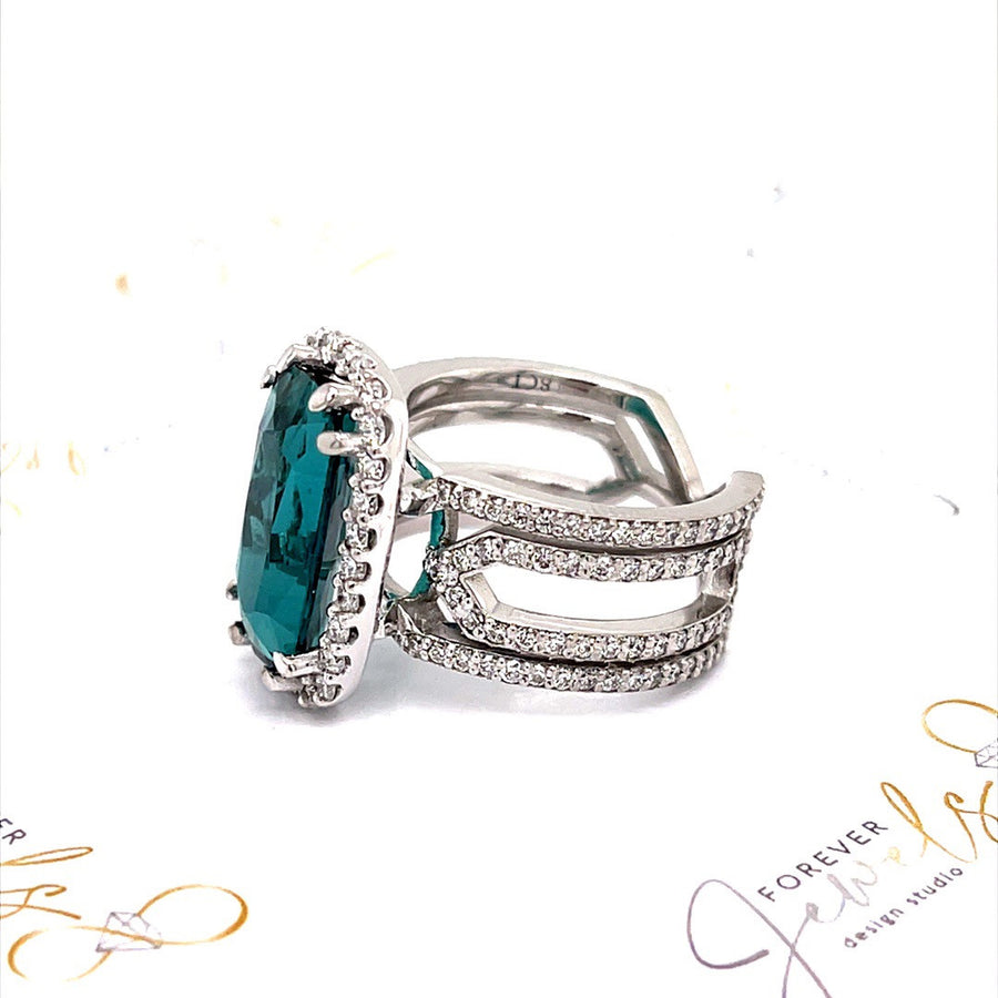 Blue Tourmaline and Diamond Halo Ring