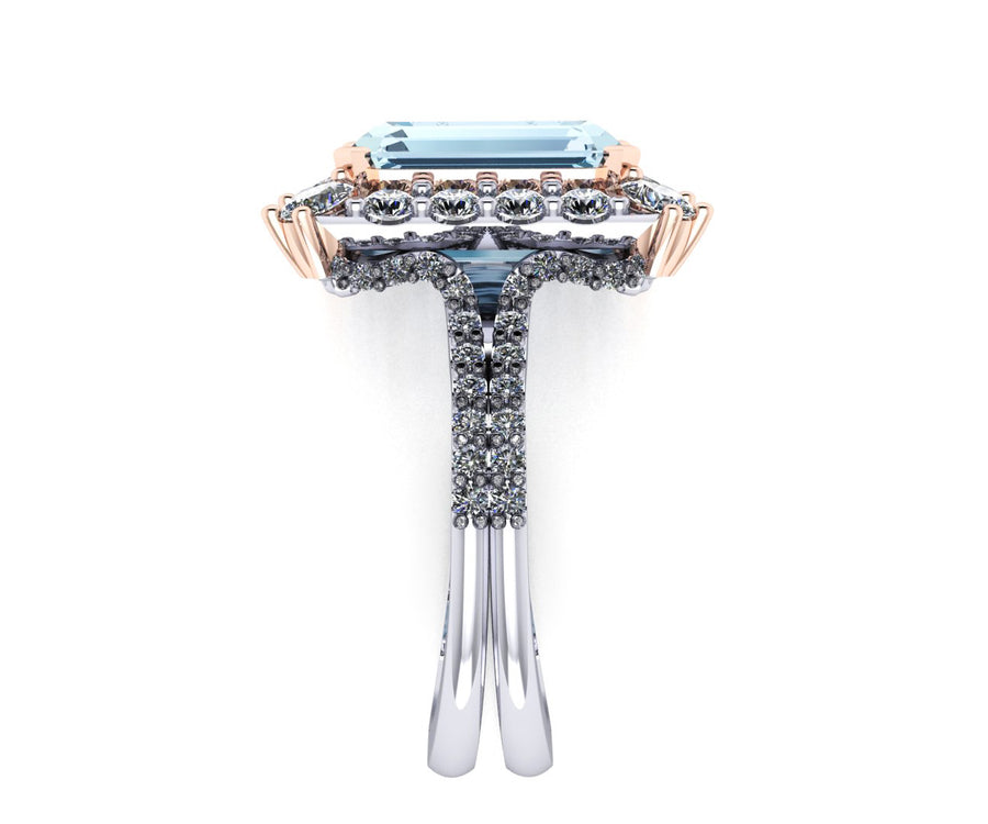 18ct White and rose gold emerald cut Aquamarine and Diamond halo Ring