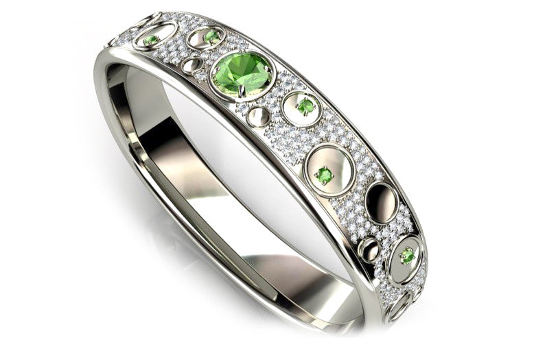 18ct White Gold Band with Green Tourmalines and Pave Diamonds