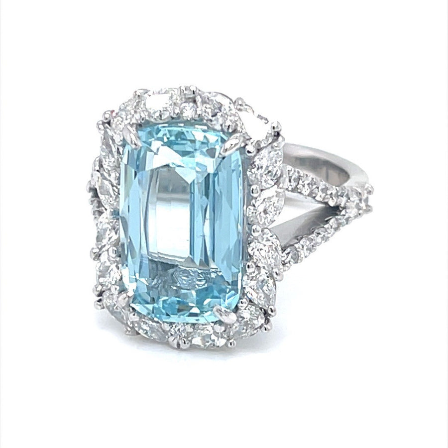 Aquamarine & Diamond Halo Split shank Ring