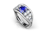 18ct White gold pod ring with a round tanzanite and diamonds