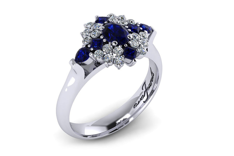 18ct White gold cluster  blue sapphire and diamond ring