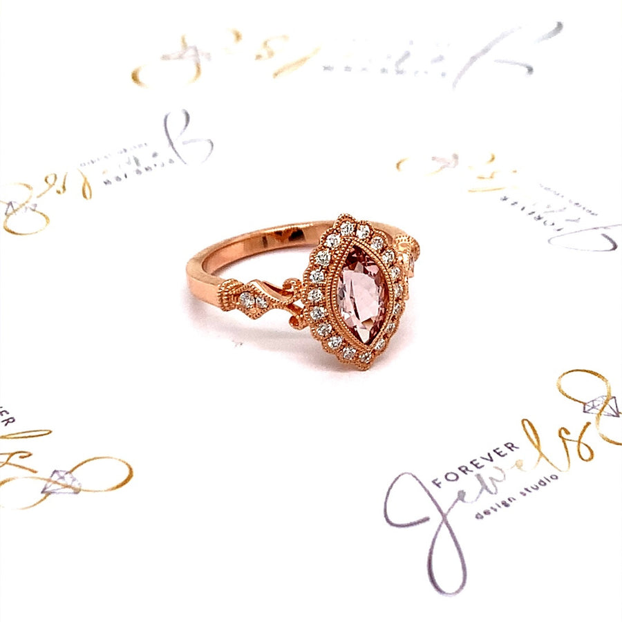 Marquise  Morganite Engagement  Diamond Halo Ring