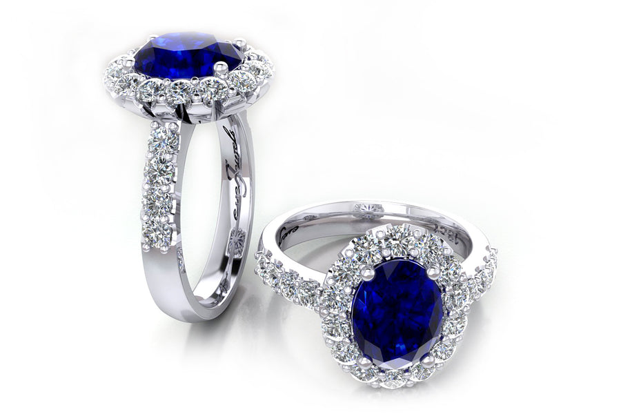 18ct White gold oval tanzanite dress ring with a halo of diamonds