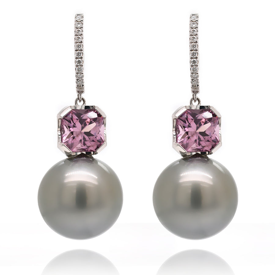 Grey Tahitian Pearl Earrings with violet Spinel