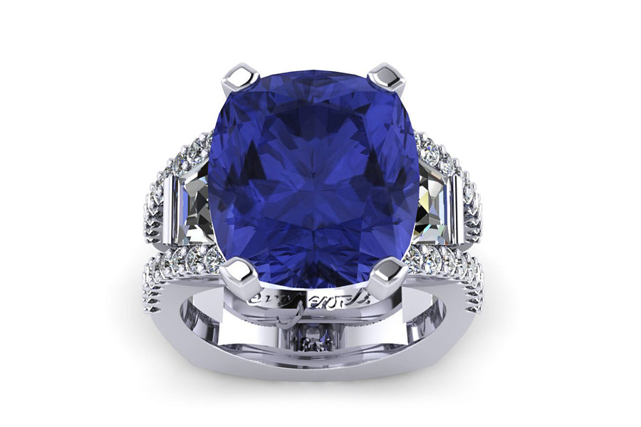 18ct White gold claw set cushion cut tanzanite with two trillion diamonds