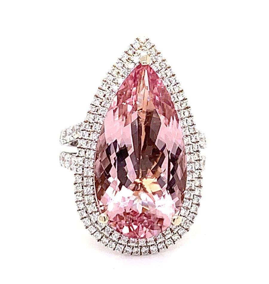 Pink Pear Cut Morganite Ring with a Double Diamond Halo