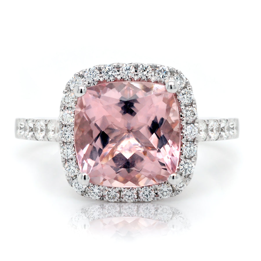 Pink Cushion Cut Morganite Ring with a Halo of Diamonds