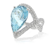 Pear Cut Aquamarine Dress Ring with a Diamond Pave Twisted Shank