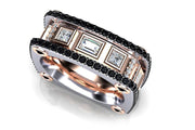 18ct White & Rose Gold Band Baguettes Black and White Diamond Ring.
