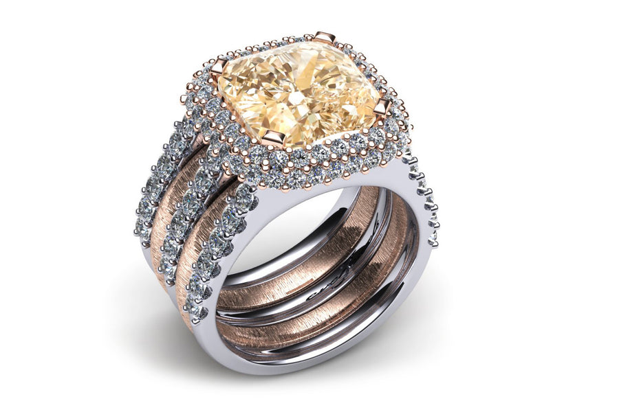 18ct Rose & white gold cushion cut morganite ring with grain set diamonds