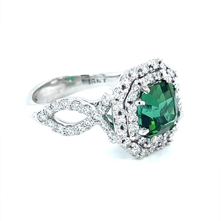 Green Tourmaline and Diamond Halo Ring