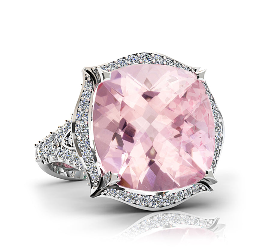 White Gold Cushion Cut Morganite Ring with a Halo of Diamonds