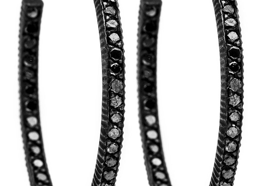 18ct black rhodium hoop earrings with black round diamonds