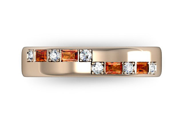 18ct Rose Gold band with round brilliant diamonds cognac emerald diamonds