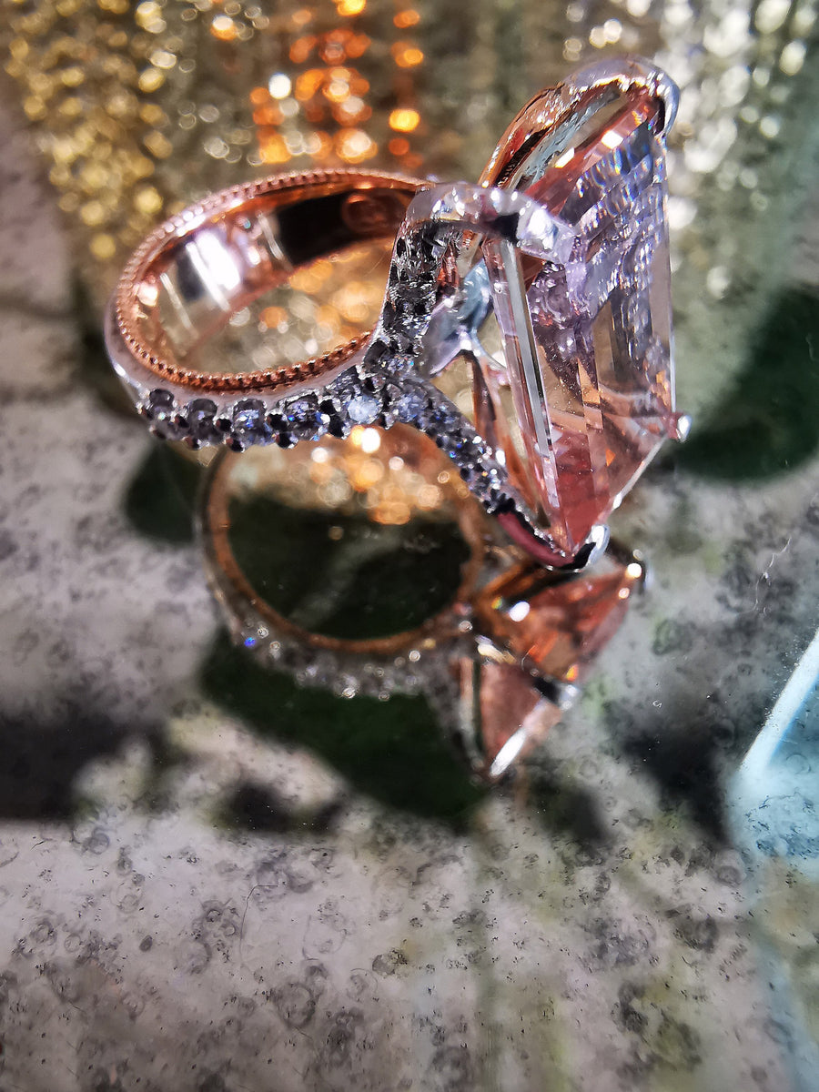 Emerald Cut Peach Morganite & Diamond Ring