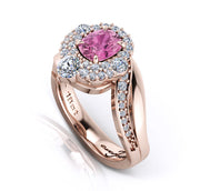 18ct Rose gold cushion cut pink spinel with a halo of pave diamonds
