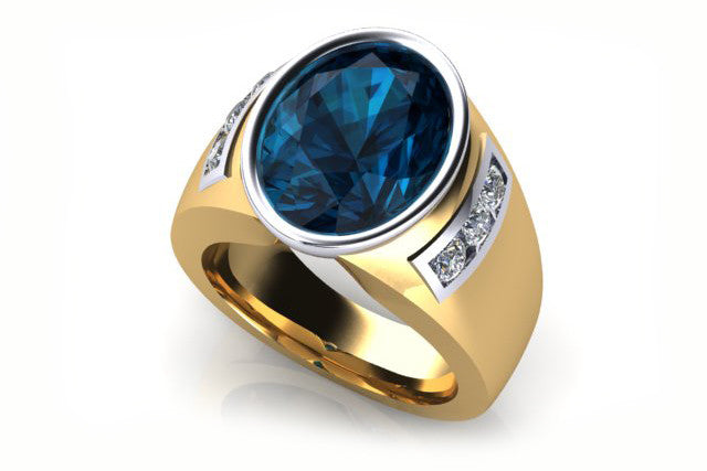 18ct Deep blue oval sapphire bezel set ring with diamonds