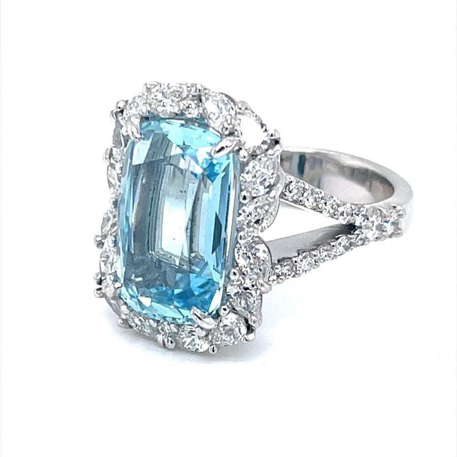 Aquamarine & Diamond Halo Split shank Ring