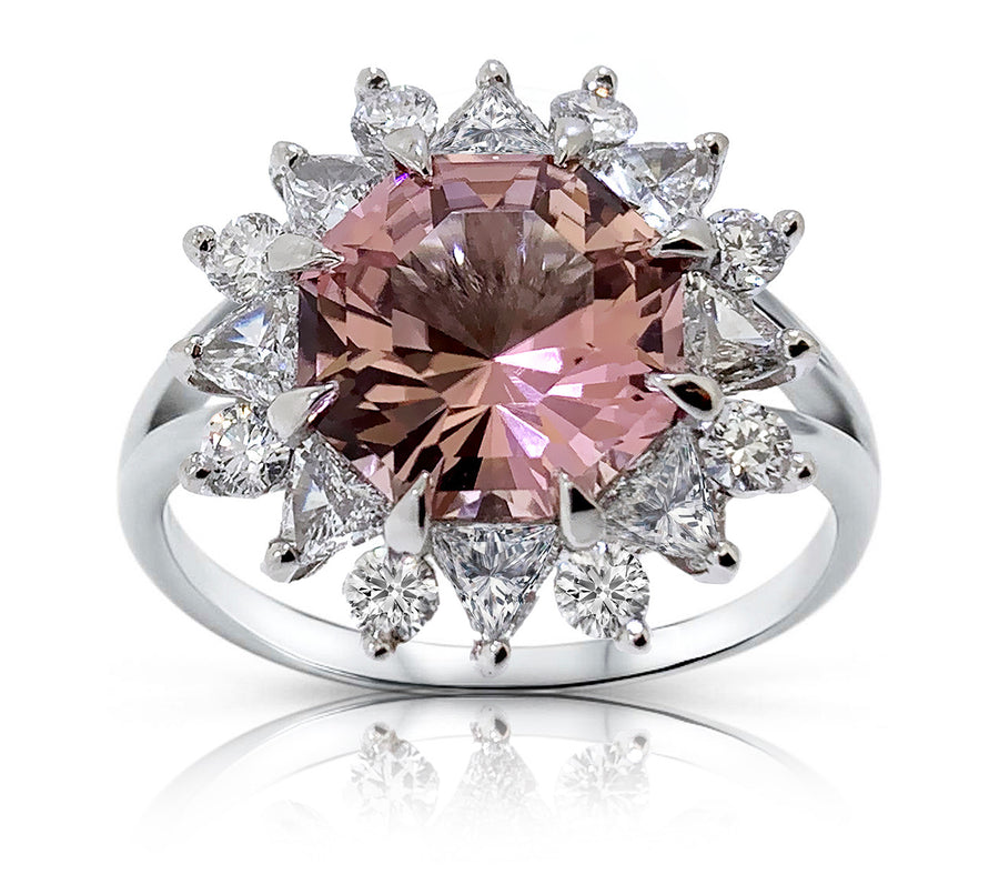 Pink Tourmaline  Ring with a Halo of Diamonds