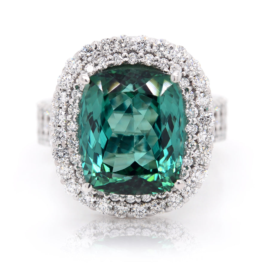 Cushion Cut Green Tourmaline Dress Ring with a Double Halo of Diamonds