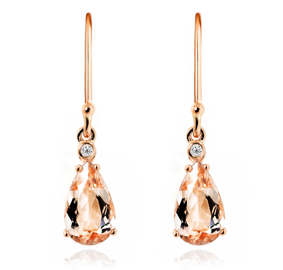 9ct Rose gold pear cut morganite drop earrings with sheppard hook