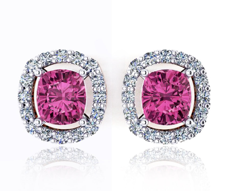 Pink tourmaline diamond halo earring studs