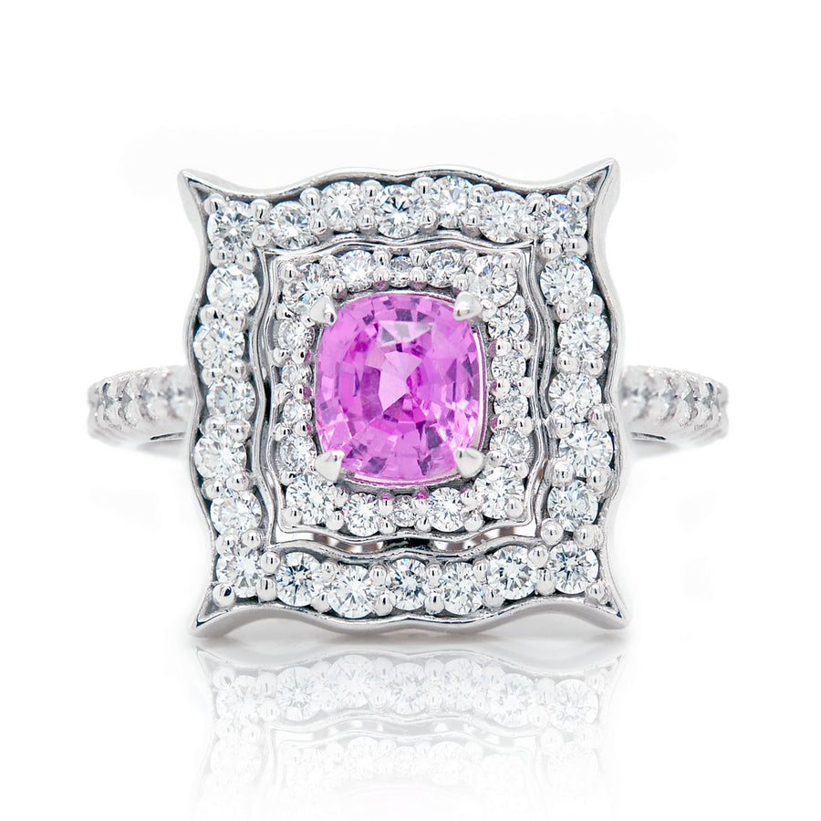 Pink Sapphire Ring with a Double Diamond Halo