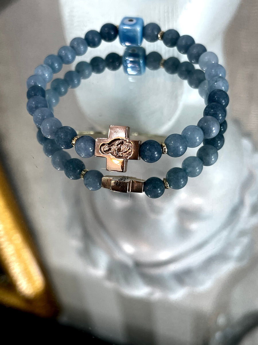 Aquamarine & Rose Gold Cross Bead Bracelet
