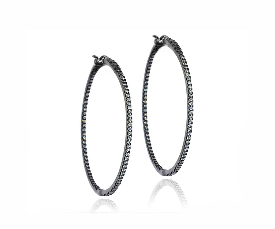 18ct black rhodium hoop earrings with black round diamonds