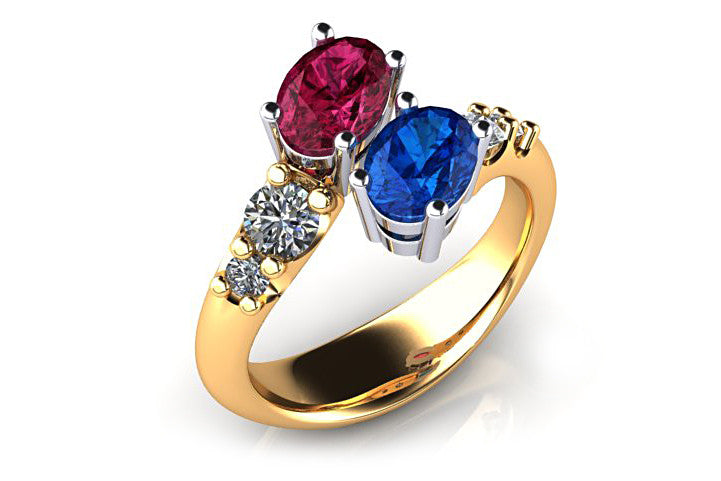 18ct Yellow gold blue and red oval sapphire ring with diamonds