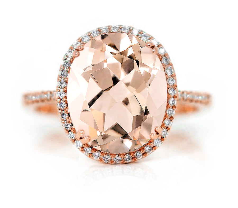 18ct Rose gold Morganite with a halo of diamonds