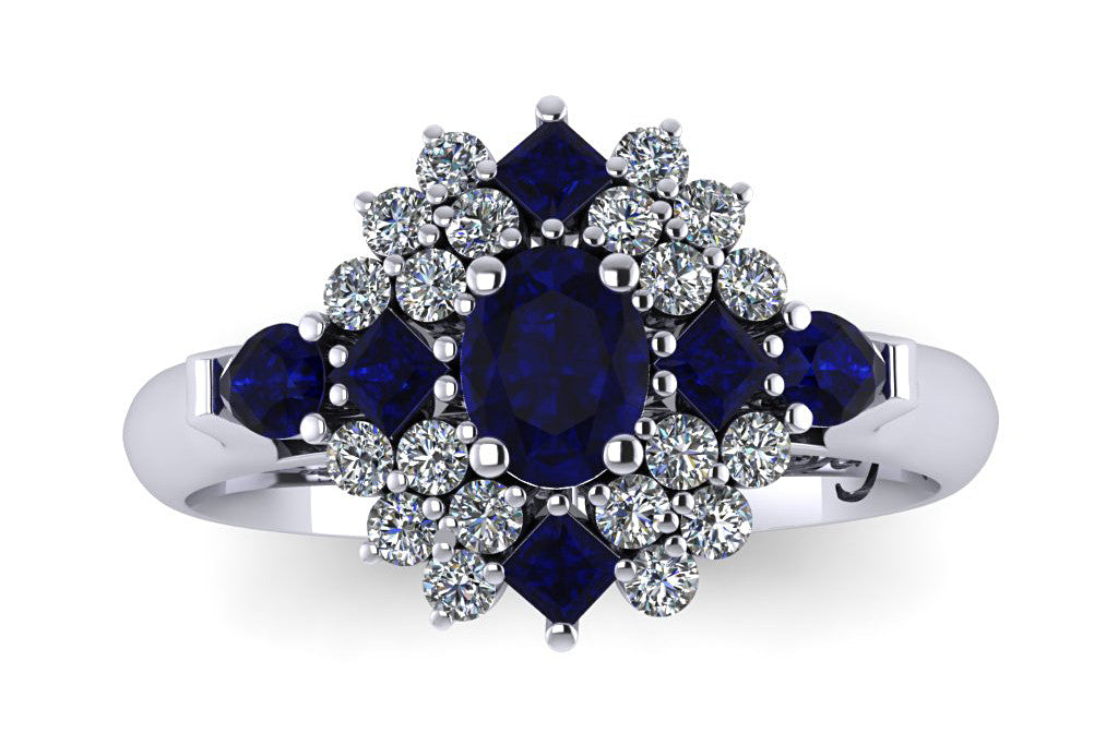 18ct White gold cluster  blue sapphire and diamond ring